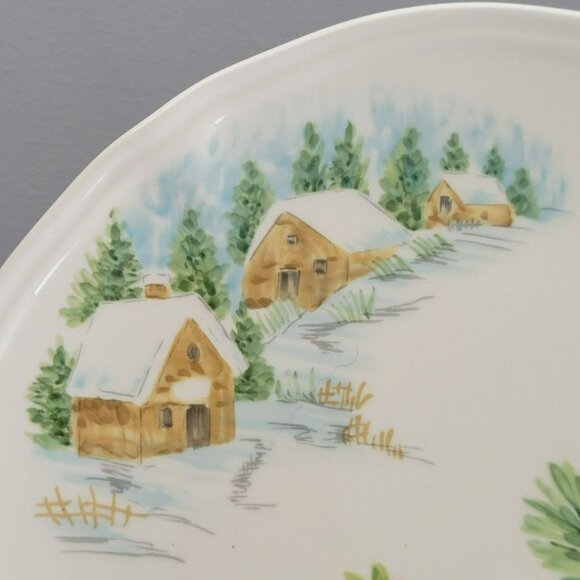 Winter Poinsettia Salad Plate, Set of 2, Cabin in Snow, Pinecone & Floral Design - Picture 3 of 10